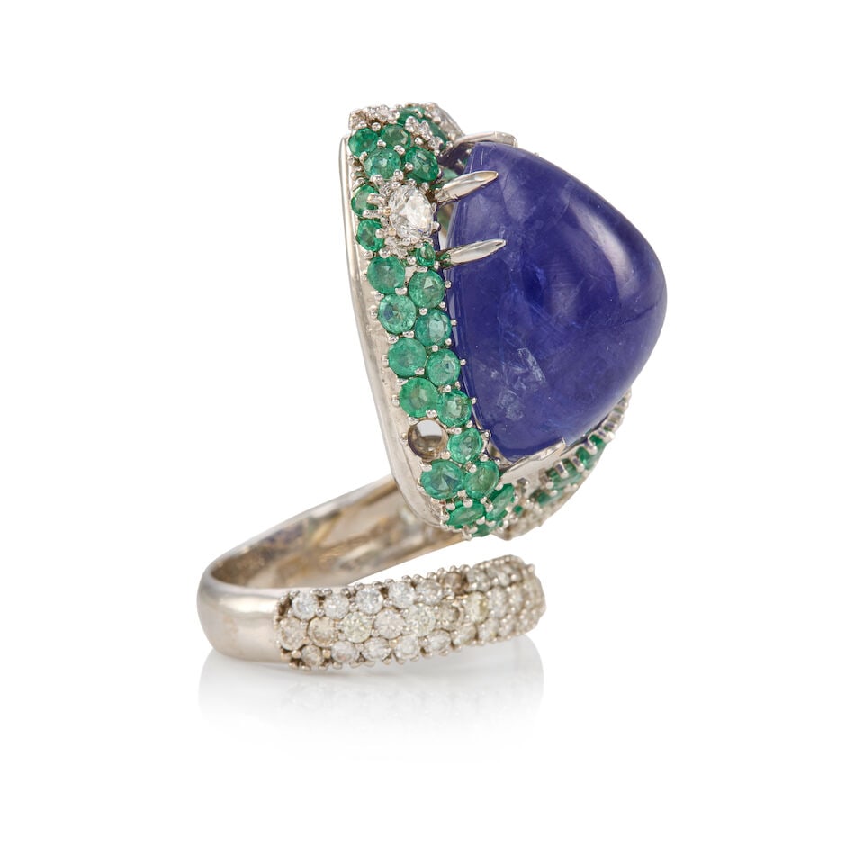 18K WHITE GOLD, TANZANITE, EMERALD AND DIAMOND RING - 2