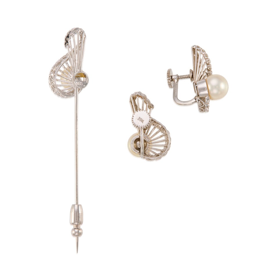 14K WHITE GOLD, PLATINUM, CULTURED PEARL, AND DIAMOND EARRINGS AND STICK PIN SUITE - 2
