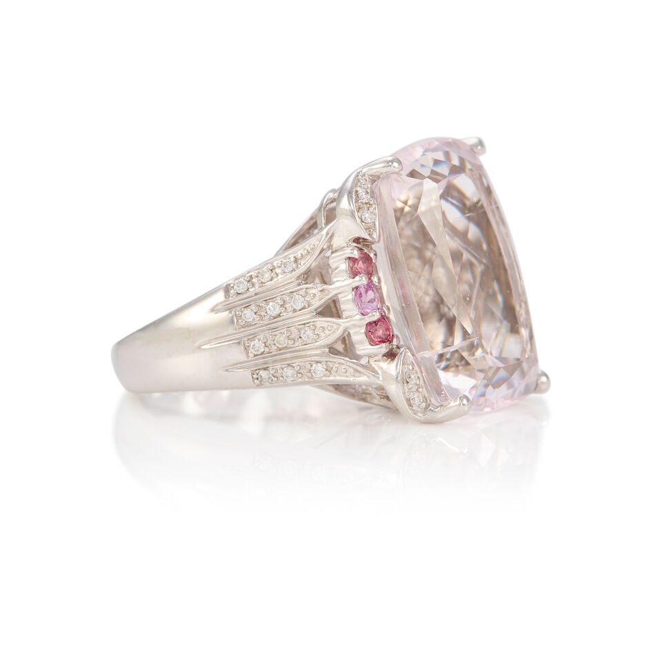 14K WHITE GOLD, KUNZITE, SAPPHIRE, TOURMALINE, AND DIAMOND RING - 2