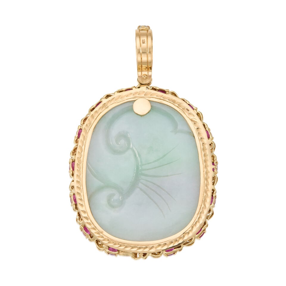 14K YELLOW GOLD, JADE, DIAMOND, AND MULTI-STONE PENDANT - 2