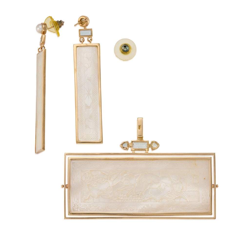 14K YELLOW GOLD MOTHER-OF-PEARL, CULTURED PEARL, AND AQUAMARINE PENDANT AND EARRINGS - 2