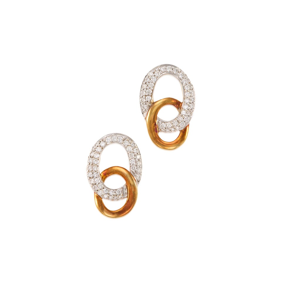 FANA: 14K BICOLOR GOLD AND DIAMOND OVAL EARRINGS: FANA: 14K BICOLOR GOLD AND DIAMOND OVAL EARRINGS • Numerous round diamonds weighing approximately 0.65 carats total • Signed FANA • Measures 13/16 in. x 9/16 in. • Estimated