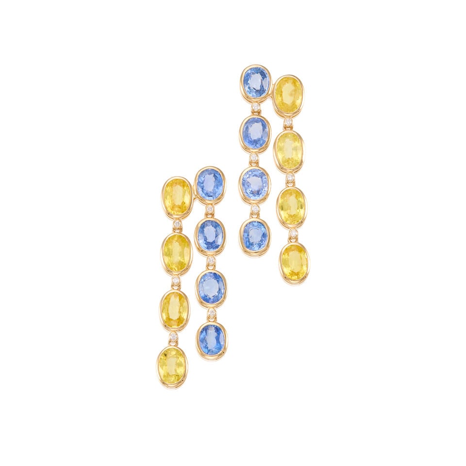 14K YELLOW GOLD, SAPPHIRE, AND DIAMOND EARRINGS: 14K YELLOW GOLD, SAPPHIRE, AND DIAMOND EARRINGS • Sixteen oval shaped sapphires weighing approximately 8.40 carats total • Twelve round shaped diamonds weighing approximately 0.12 carat