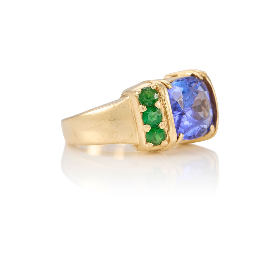 14K YELLOW GOLD, TANZANITE AND TSAVORITE RING - 2