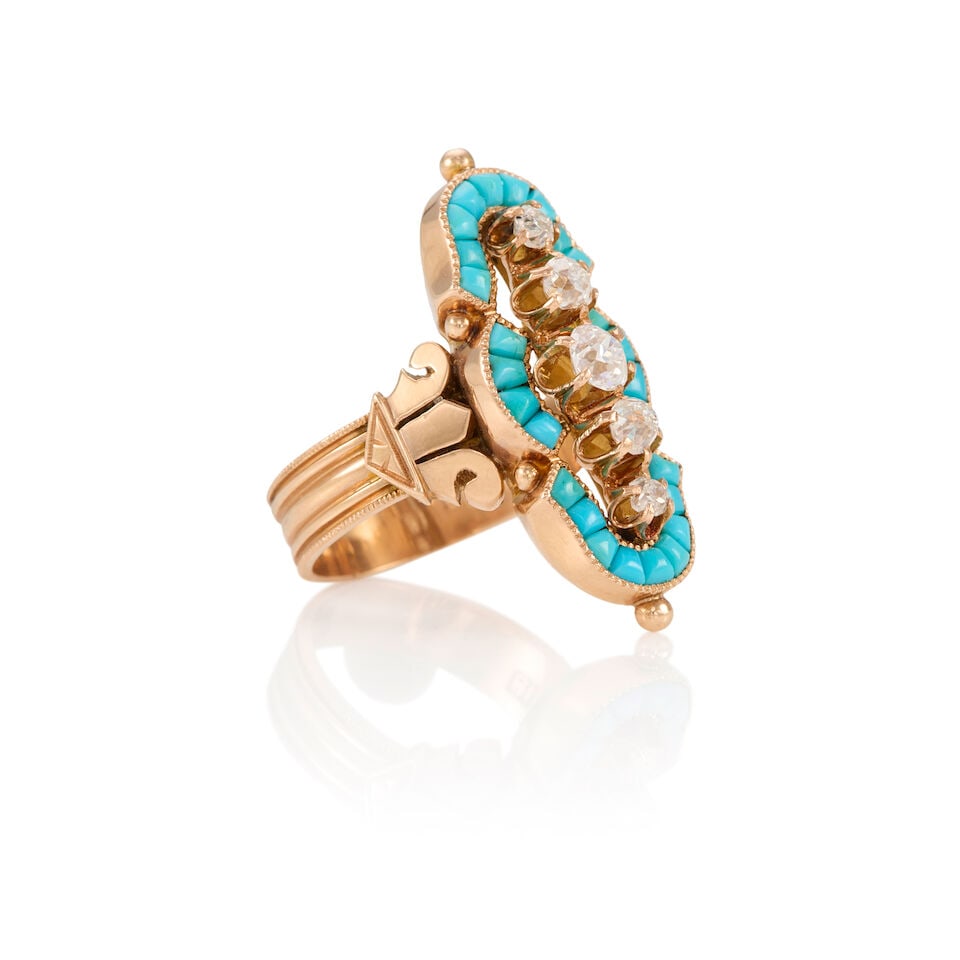 VICTORIAN 18K ROSE GOLD, TURQUOISE, AND DIAMOND RING - 2