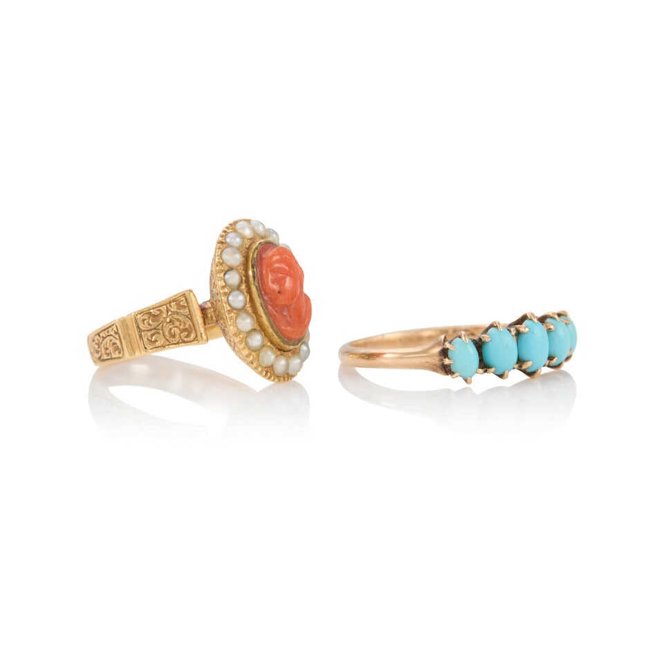 TWO GOLD, CULTURED PEARL, CORAL, AND GEM-SET RINGS - 2