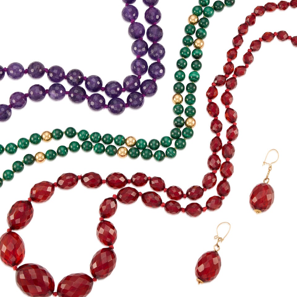 GROUP OF 14K YELLOW GOLD MULTI-GEM BEAD, AND PLASTIC NECKLACES AND EARRINGS - 2
