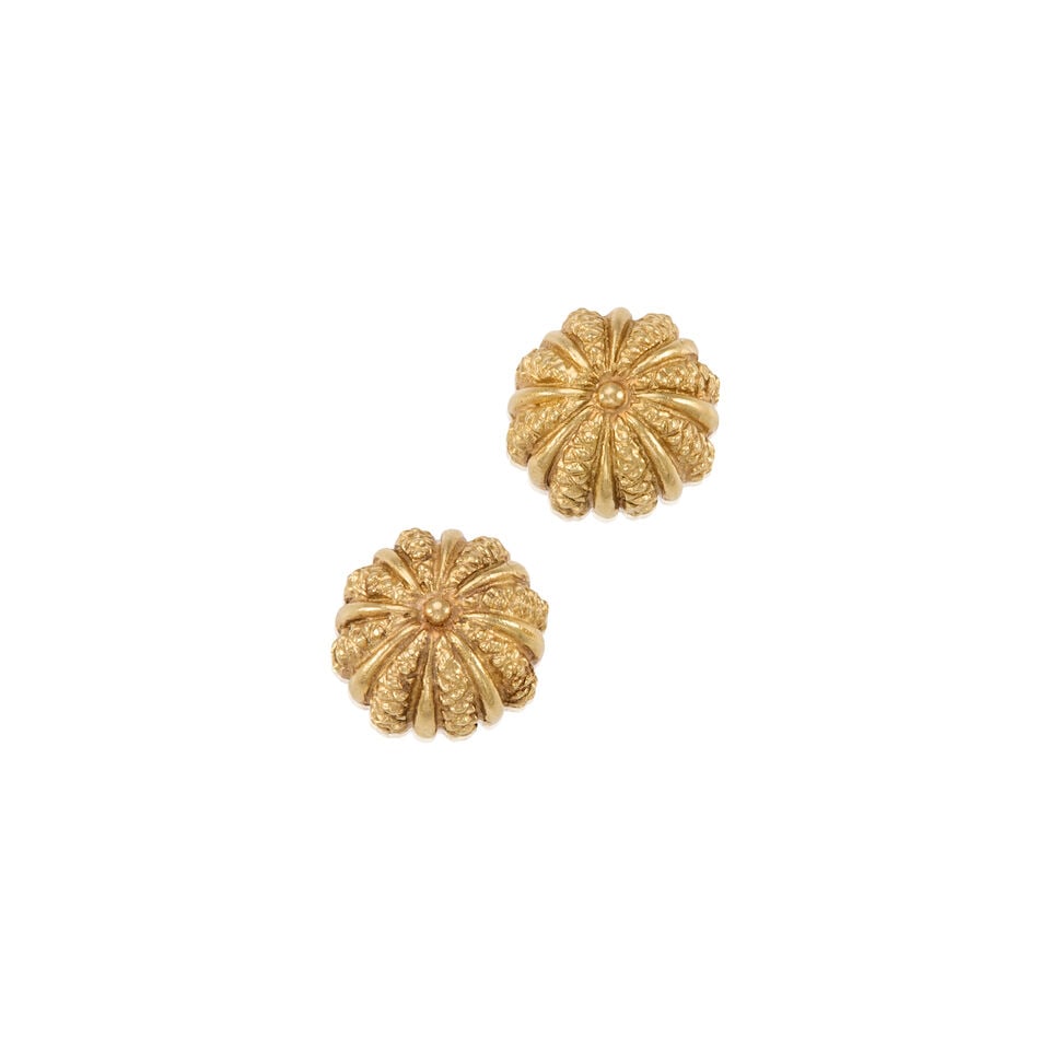 PAIR OF GOLD DOME EARRINGS: PAIR OF GOLD DOME EARRINGS • 14K and 18K yellow gold • Measures 3/4 in. x 1/2 in. • Estimated gross weight: 10.1 grams Footnotes: OVERALL CONDITION: good Metal purity unstamped and