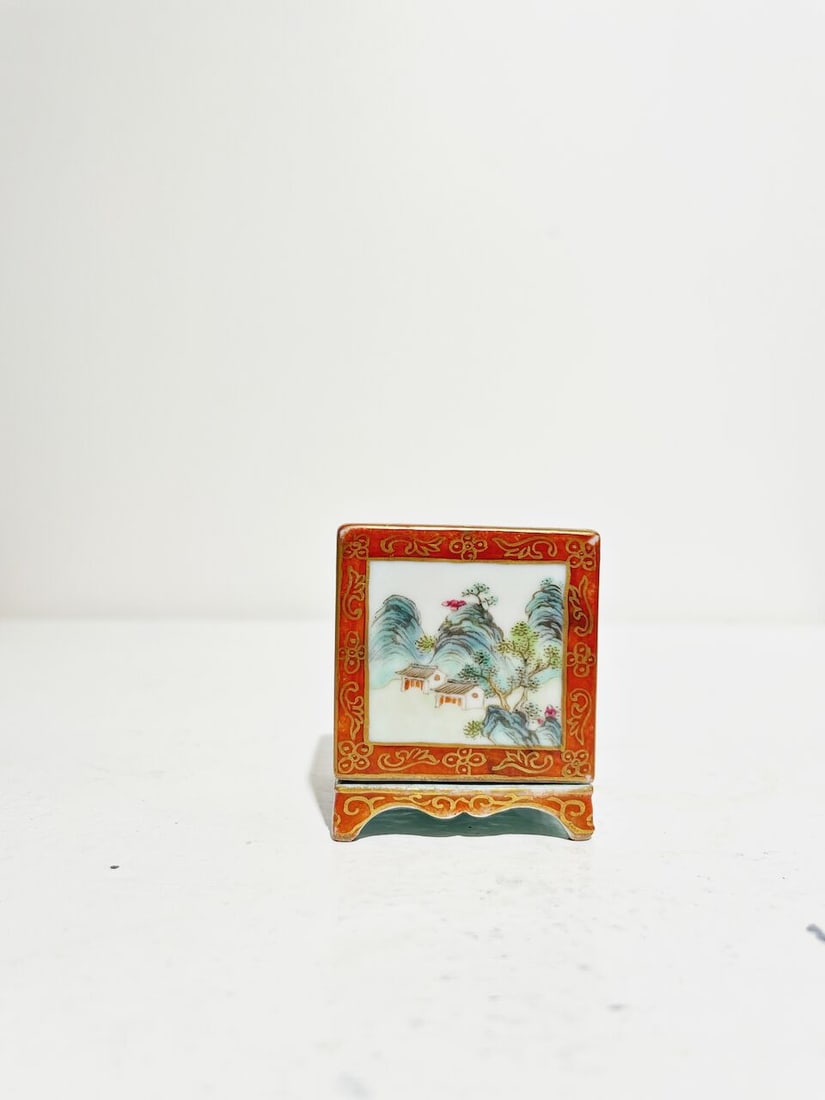A SMALL SQUARE FAMILLE ROSE 'FIGURES AND LANDSCAPE' INCENSE BURNER Qianlong four-character mark,... - 5