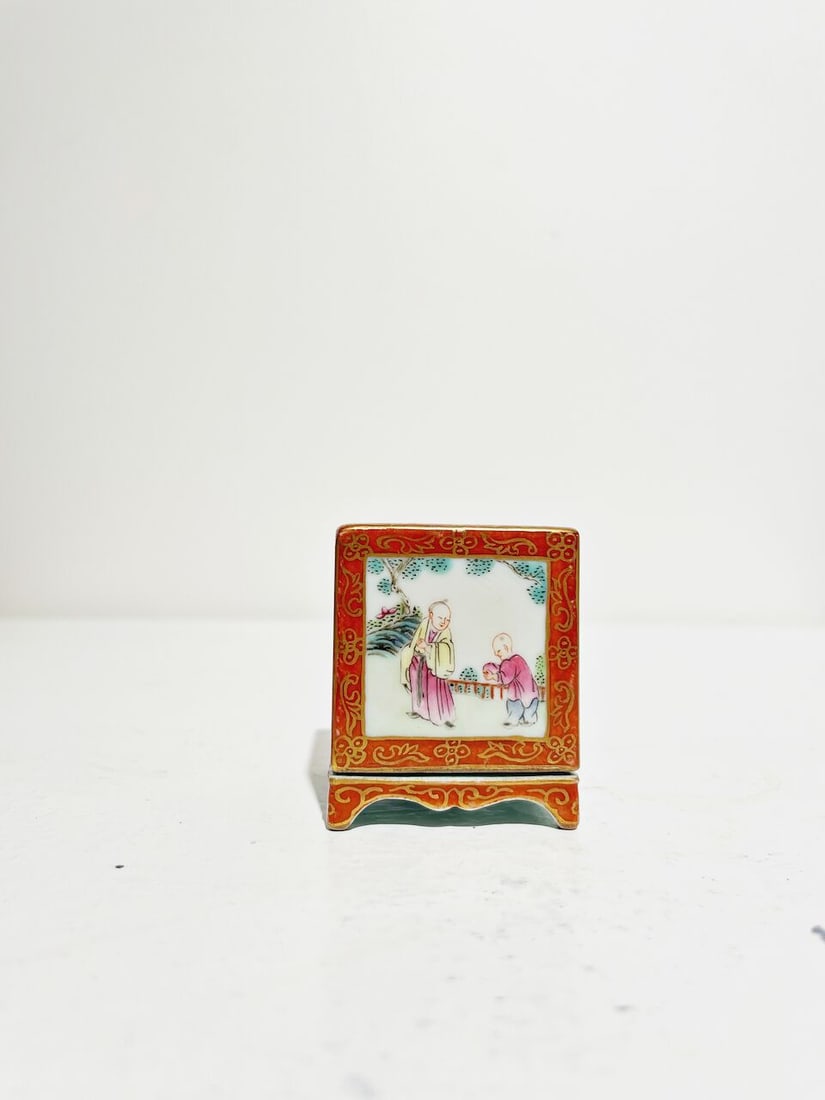 A SMALL SQUARE FAMILLE ROSE 'FIGURES AND LANDSCAPE' INCENSE BURNER Qianlong four-character mark,... - 6