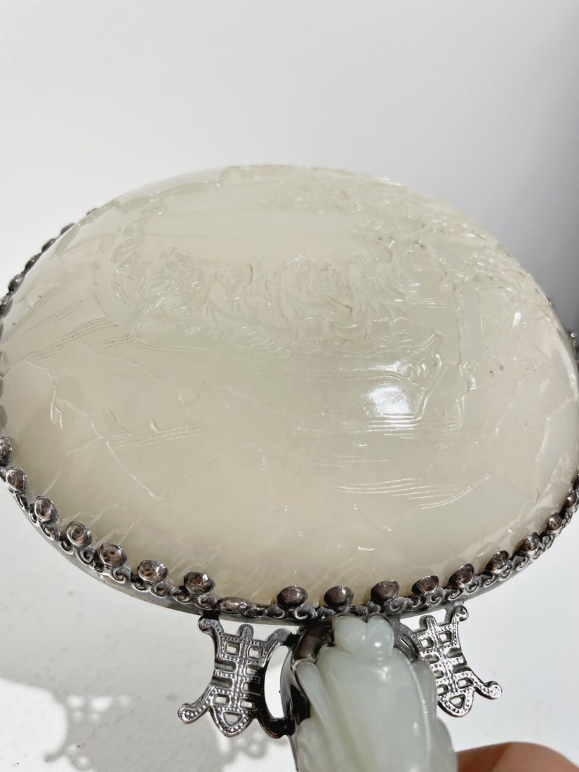 A CARVED JADE AND SILVER HAND MIRROR AND VANITY BOX The jade of late Qing, the silver-plated, mi... - 5