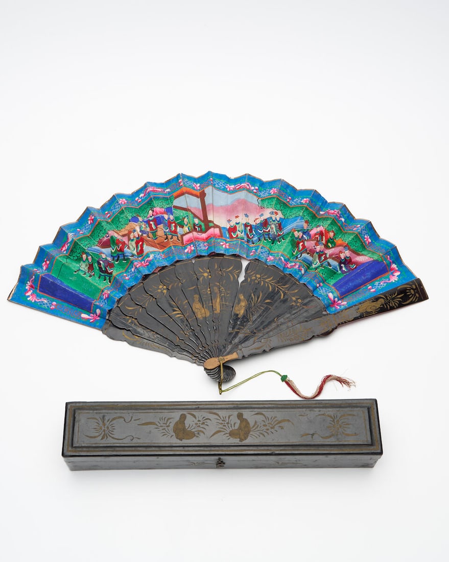 A PAINTED AND LACQUERED 'FIGURES' FAN Mid 19th century (1 of 2)