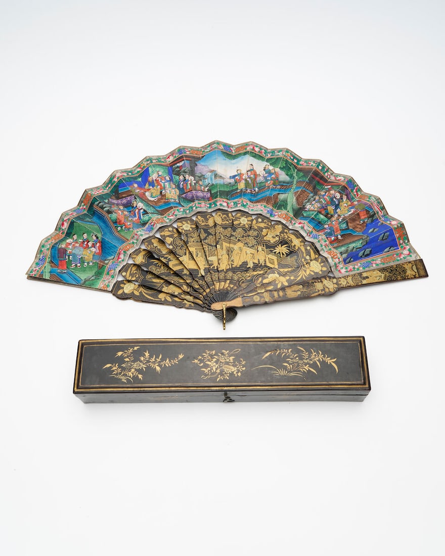 A PAINTED AND LACQUERED 'FIGURES' FAN Mid 19th century (1 of 2)