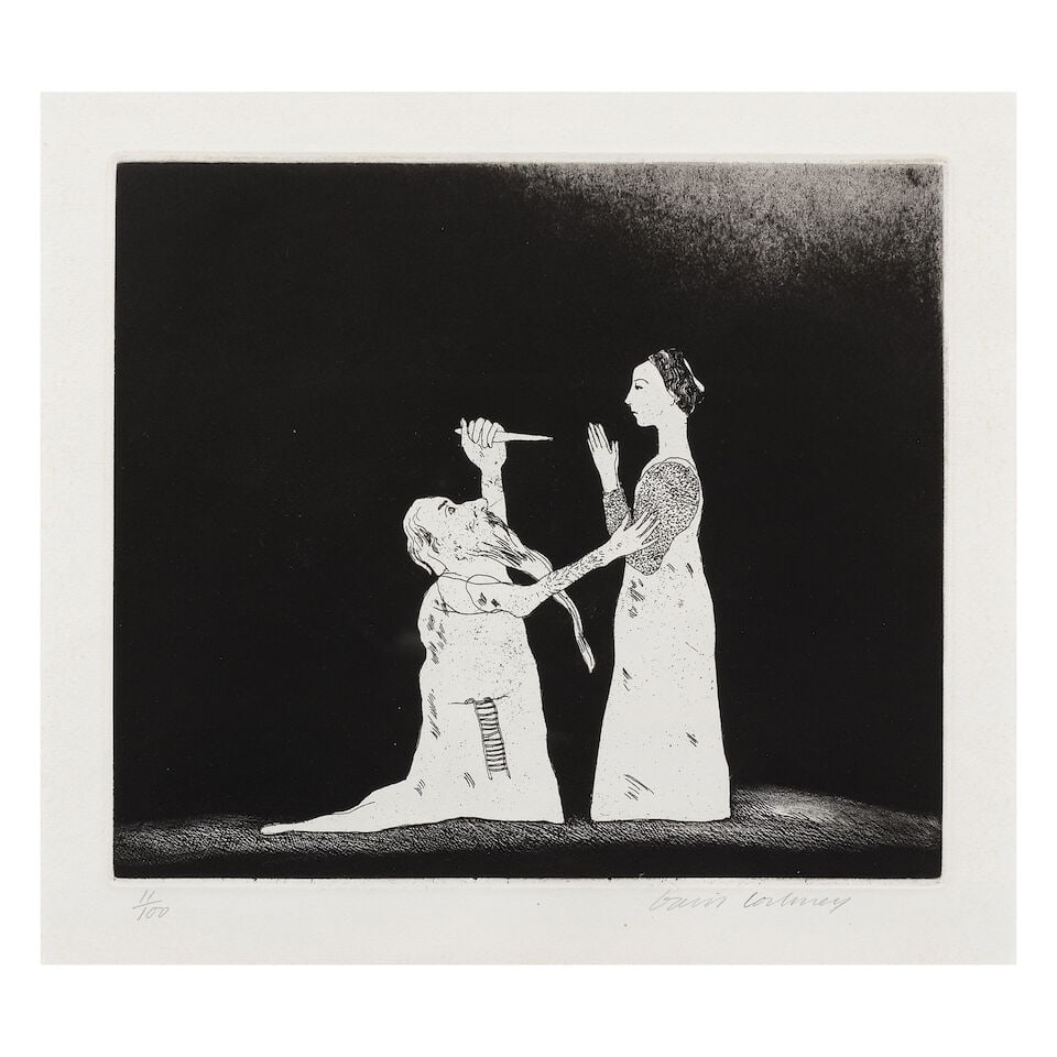 David Hockney R.A. (British, 1937-2026) Old Rinkrank Threatens the Princess, from Illustrations ...: David Hockney R.A. (British, 1937-2026) Old Rinkrank Threatens the Princess, from Illustrations for Six Fairy Tales from the Brothers Grimm (Scottish Arts Council 99; M.C.A Tokyo 96) Etching with
