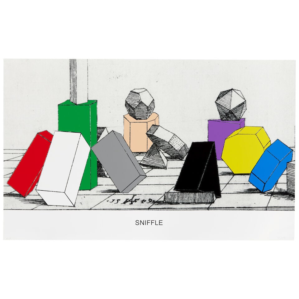 John Baldessari (American, 1931-2020) Sniffle, from Engravings with Sounds Archival inkjet print...: John Baldessari (American, 1931-2020) Sniffle, from Engravings with Sounds Archival inkjet print in colours, 2015, signed with the initials and numbered 41/50 in pencil, printed and published by