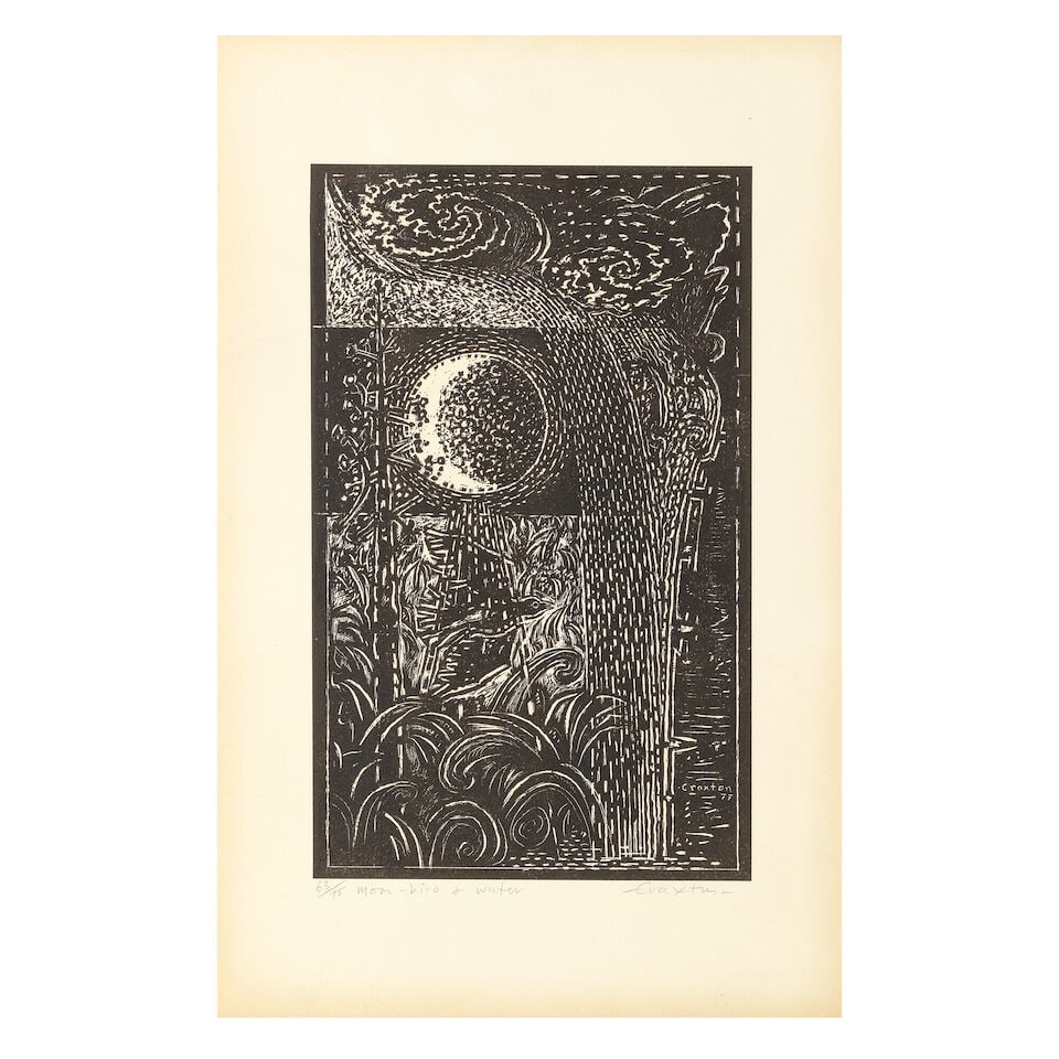 John Craxton R.A. (British, 1922-2009) Moon-bird and water Linocut, 1977, on wove paper, signed,...: John Craxton R.A. (British, 1922-2009) Moon-bird and water Linocut, 1977, on wove paper, signed, titled and numbered 63/75 in pencil, with margins, framed Block 342 x 211mm (13 3/4 x 8 1/4in) Sheet
