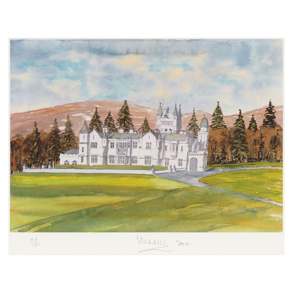 HM King Charles III (British, born 1948) Balmoral Castle Lithograph in colours, 2001, on wove pa...: HM King Charles III (British, born 1948) Balmoral Castle Lithograph in colours, 2001, on wove paper, signed, dated and numbered 49/100 in pencil, printed by Curwen Prints, Chilford, in the