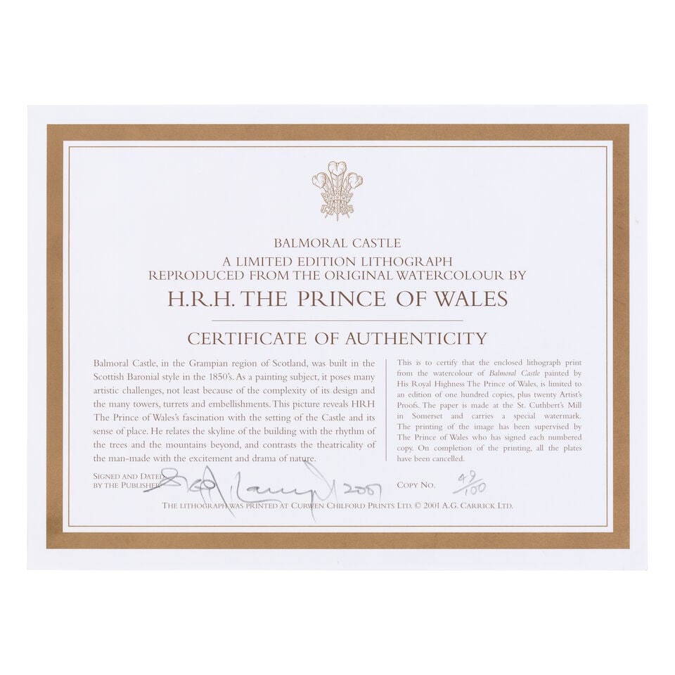 HM King Charles III (British, born 1948) Balmoral Castle Lithograph in colours, 2001, on wove pa... - 2