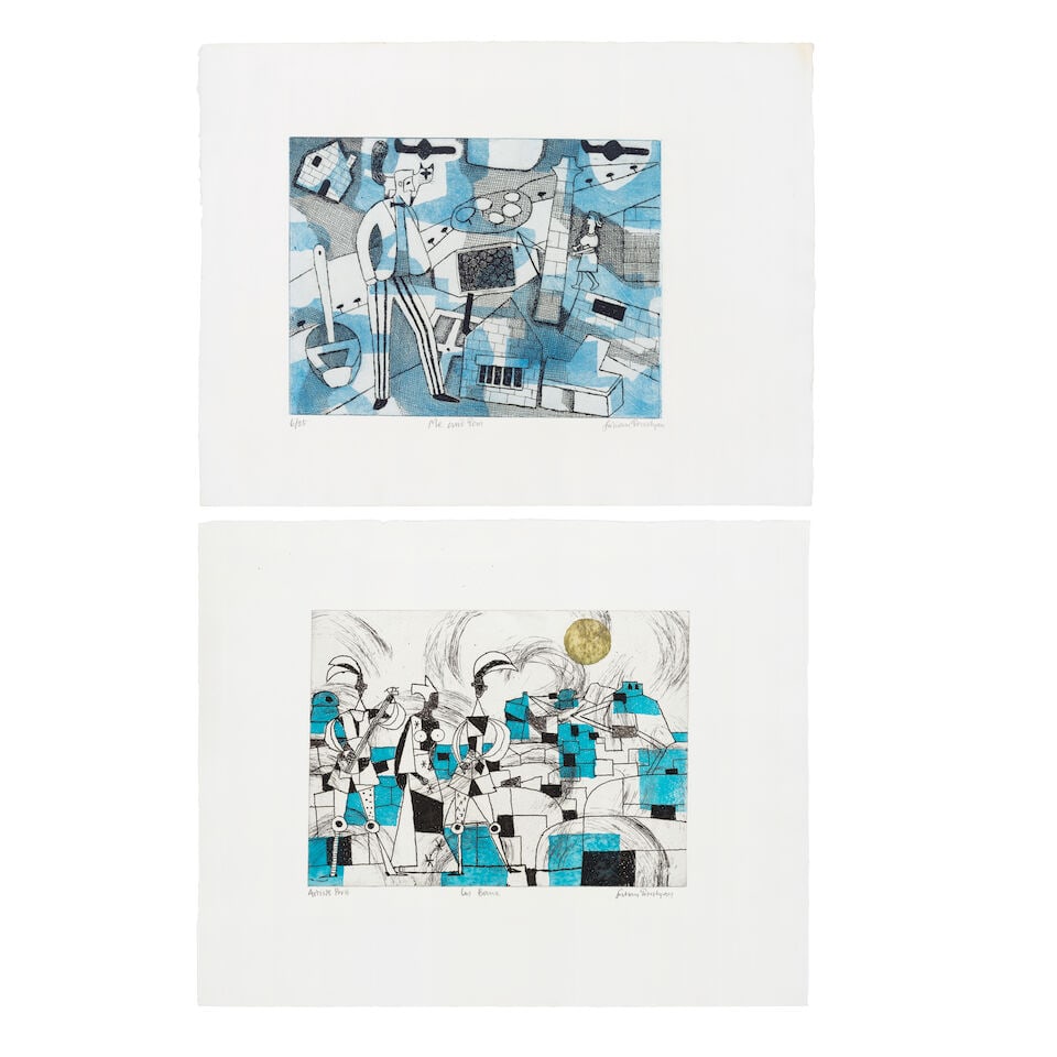 Julian Trevelyan R.A. (British, 1910-1988) Me and Tom; Les Baux Etching and aquatint in colours,...: Julian Trevelyan R.A. (British, 1910-1988) Me and Tom; Les Baux (Turner 313, 305) Etching and aquatint in colours, 1975, on T.H. Saunders paper, signed, titled and numbered 6/25 in pencil (there were