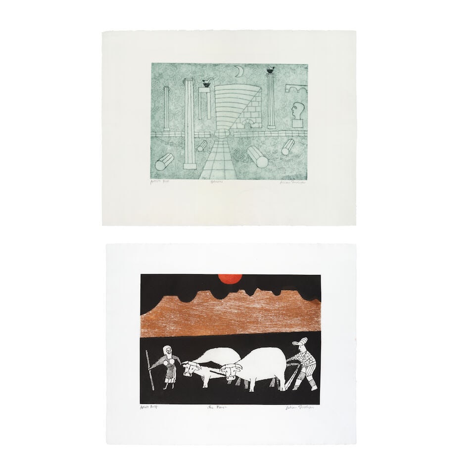 Julian Trevelyan R.A. (British, 1910-1988) Ephesus; The Plough Two soft-ground etchings in colou...: Julian Trevelyan R.A. (British, 1910-1988) Ephesus; The Plough (Turner 284, 322) Two soft-ground etchings in colours, 1974-76, each signed, titled and annotated 'Artists Proof' in pencil (there were