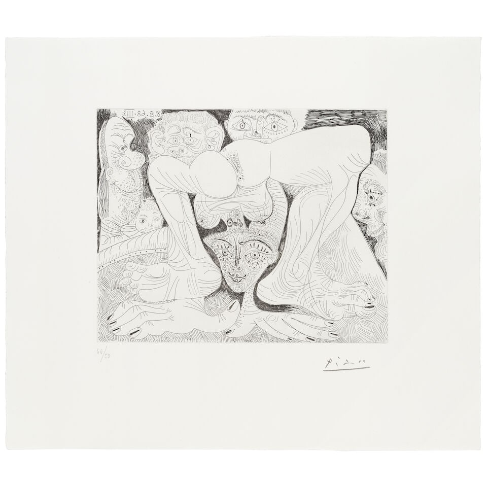 Pablo Picasso (Spanish, 1881-1973) Femme acrobate au maquillage pailleté et spectateurs, fr...: Pablo Picasso (Spanish, 1881-1973) Femme acrobate au maquillage pailleté et spectateurs, from 347 Suite (Bloch 1739; Baer 1756.B.b.1) Etching, 1968, on wove paper, signed and numbered 44/50 in