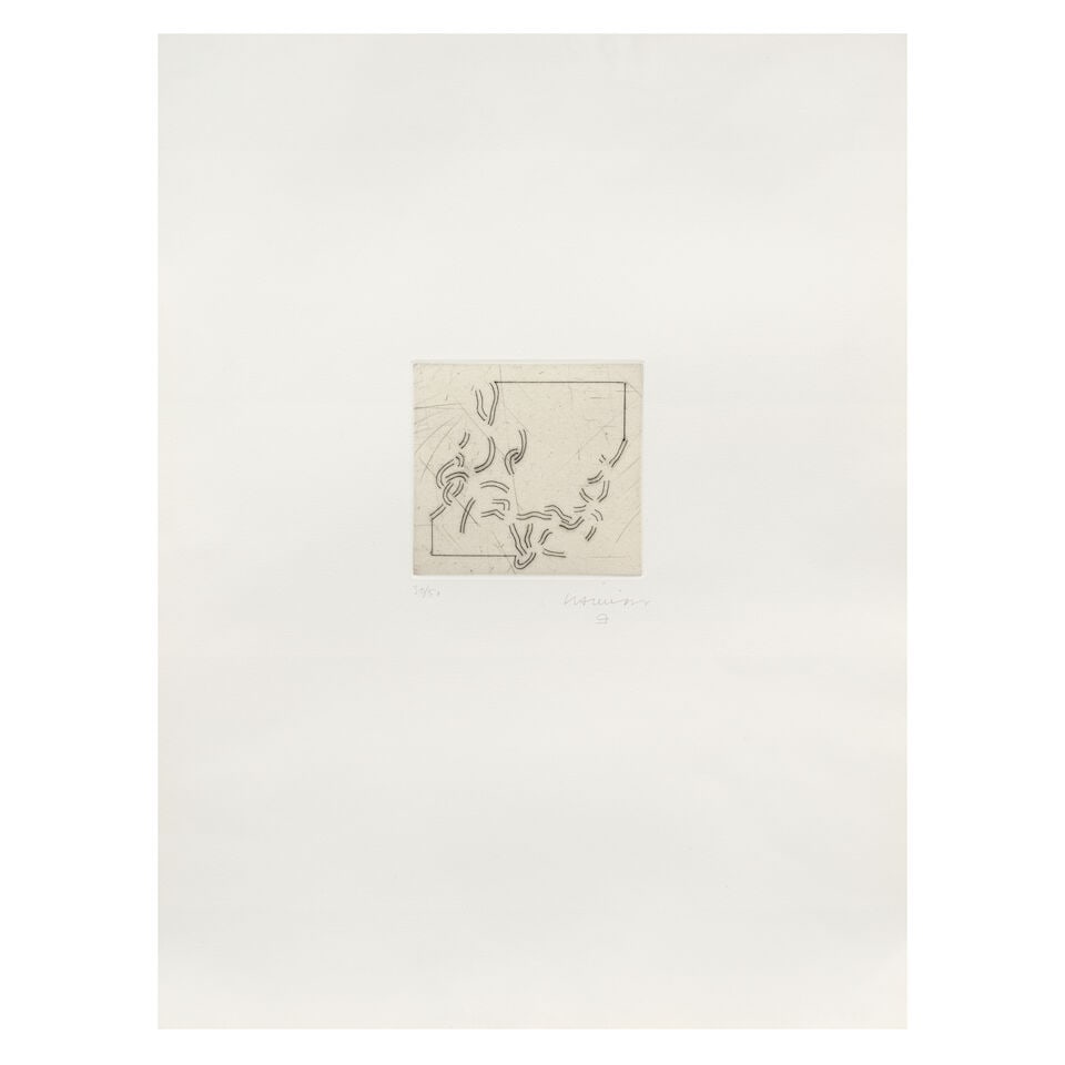 Eduardo Chillida (Spanish, 1924-2002) Ernemindu Etching, 1973, on Japon paper onto Rives BFK pap...: Eduardo Chillida (Spanish, 1924-2002) Ernemindu (Koelen 73017) Etching, 1973, on Japon paper onto Rives BFK paper, signed and numbered 30/50 in pencil, printed by Atelier Morsang, published by Maeght