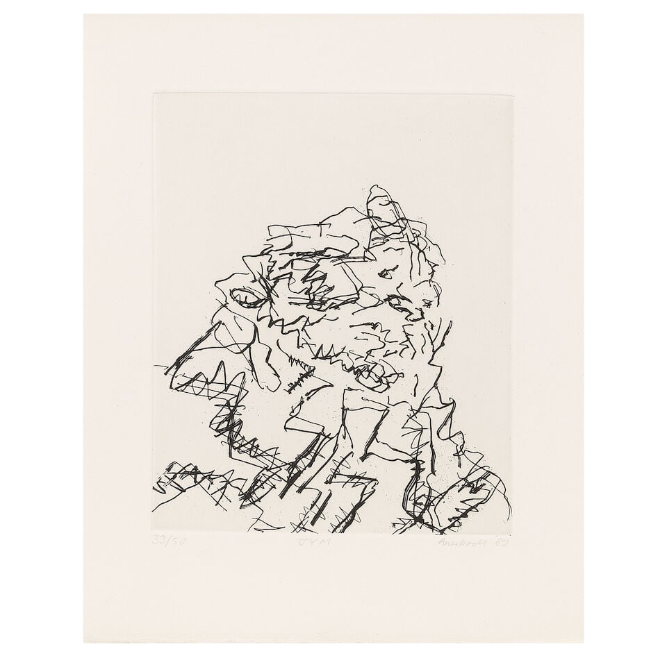 Frank Auerbach (British, 1931-2024) J.Y.M., from Seven Portraits Etching, 1990, on Somerset wove...: Frank Auerbach (British, 1931-2024) J.Y.M., from Seven Portraits (Hartley 18) Etching, 1990, on Somerset wove paper, signed, titled, dated and numbered 33/50 in pencil, published by Marlborough