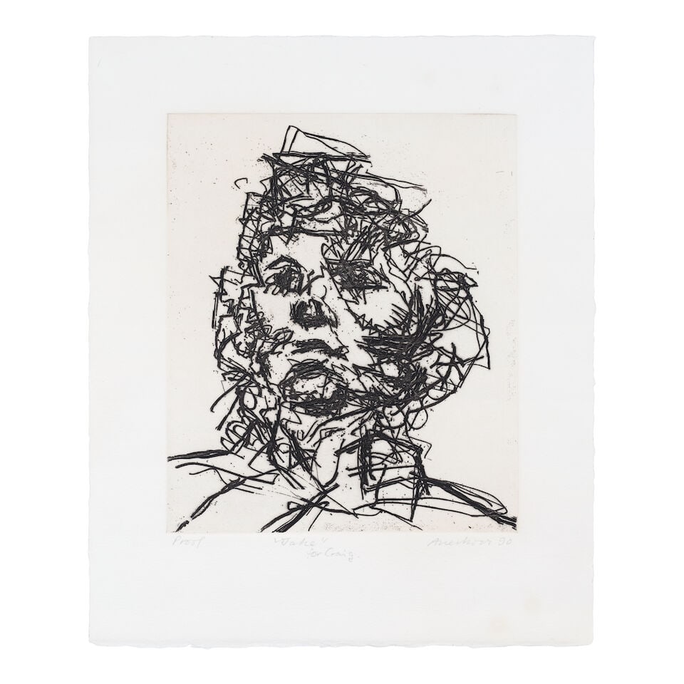 Frank Auerbach (British, 1931-2024) Jake, from Seven Portraits Etching, 1990, on Somerset wove p...: Frank Auerbach (British, 1931-2024) Jake, from Seven Portraits (Hartley 21) Etching, 1990, on Somerset wove paper, signed, titled, dated and inscribed 'Proof' and 'for Craig' in pencil, a proof aside