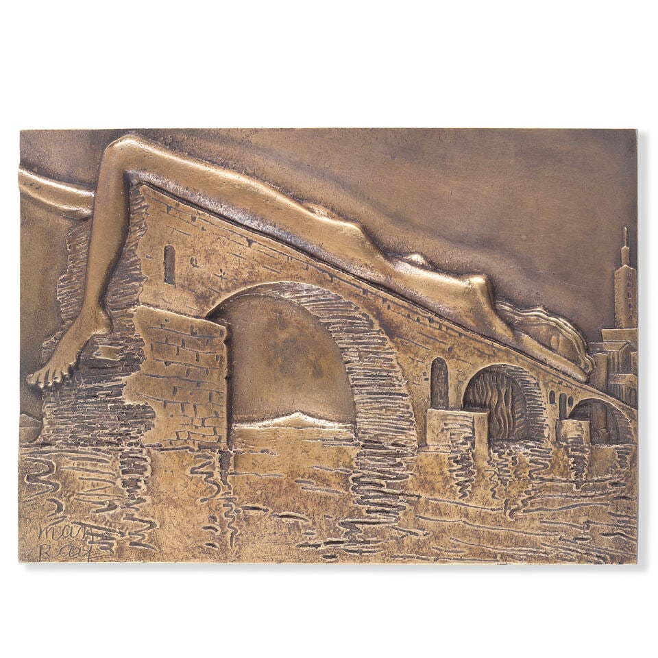 Man Ray (American, 1890-1976) Le pont brisé signed and numbered 15/500 by incisionbronze mu...: Man Ray (American, 1890-1976) Le pont brisé signed and numbered 15/500 by incision bronze multiple Conceived and cast circa 1971, after a drawing executed in 1937. Overall 118 x 170 x 7mm (4 5/8