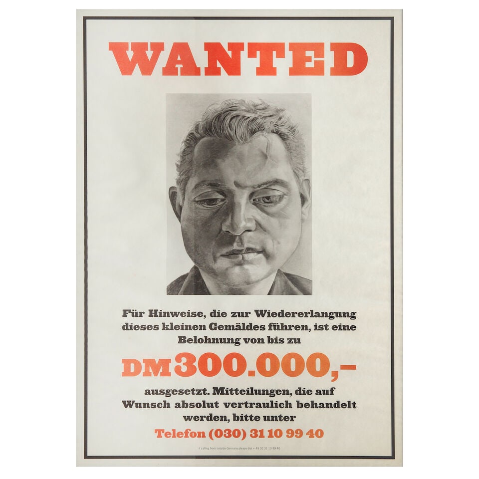Lucian Freud (British, 1922-2011) Wanted, Portrait of Francis Bacon Offset lithographic poster p...: Lucian Freud (British, 1922-2011) Wanted, Portrait of Francis Bacon Offset lithographic poster printed in colours, 2001, on smooth wove paper, from the edition of 2,500, most impressions presumed