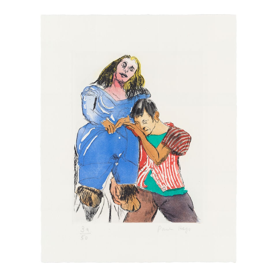 Dame Paula Rego R.A. (British, 1935-2022) Woman with goat's foot II (Edition B) Etching with aqu...: Dame Paula Rego R.A. (British, 1935-2022) Woman with goat's foot II (Edition B) Etching with aquatint in colours, 2012, on Somerset soft white wove paper, signed and numbered 39/50 in pencil, printed 