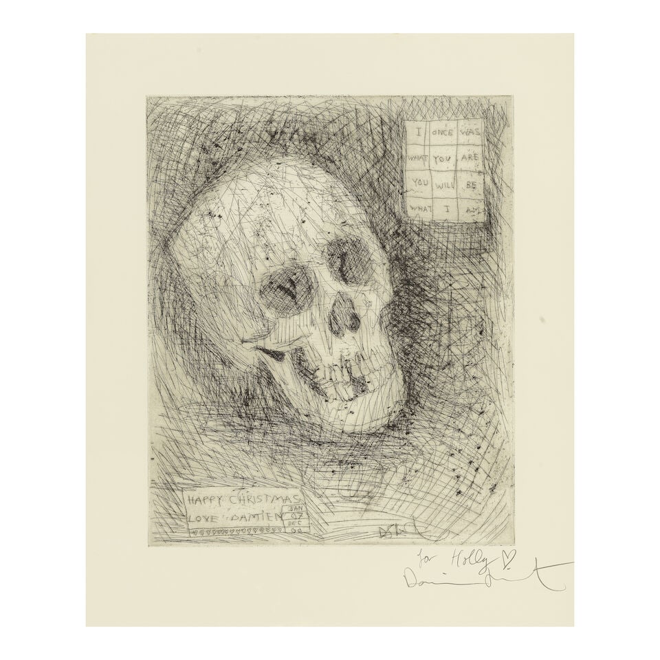 Damien Hirst (British, born 1965) Happy Christmas (Skull) Etching with tone, 2006, on thick wove...: Damien Hirst (British, born 1965) Happy Christmas (Skull) Etching with tone, 2006, on thick wove paper, signed and dedicated 'for Holly ♡' in pencil, from the edition of an unknown size, the