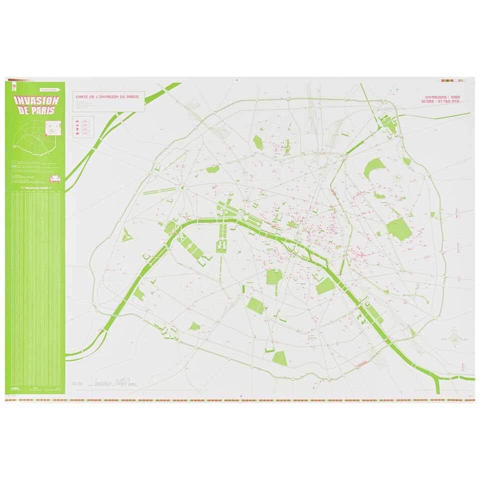 Invader (French, born 1969) Invasion Map Paris v2.0 Offset lithograph in colours, 2011, on wove ...: Invader (French, born 1969) Invasion Map Paris v2.0 Offset lithograph in colours, 2011, on wove paper, signed and numbered 48/100 in pencil, published by Space Shop, Paris, rolled within the original