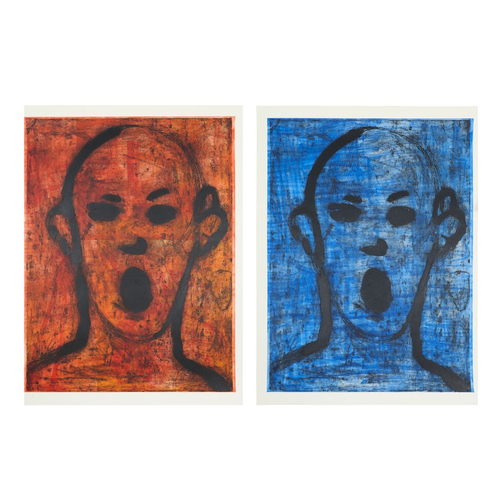 Jim Dine (American, born 1935) Two Poets Singing Beautifully The pair of etchings and collagraph...: Jim Dine (American, born 1935) Two Poets Singing Beautifully The pair of etchings and collagraph in colours, 2016, on Hahnemühle wove paper, the red plate signed and dated in pencil, the blue