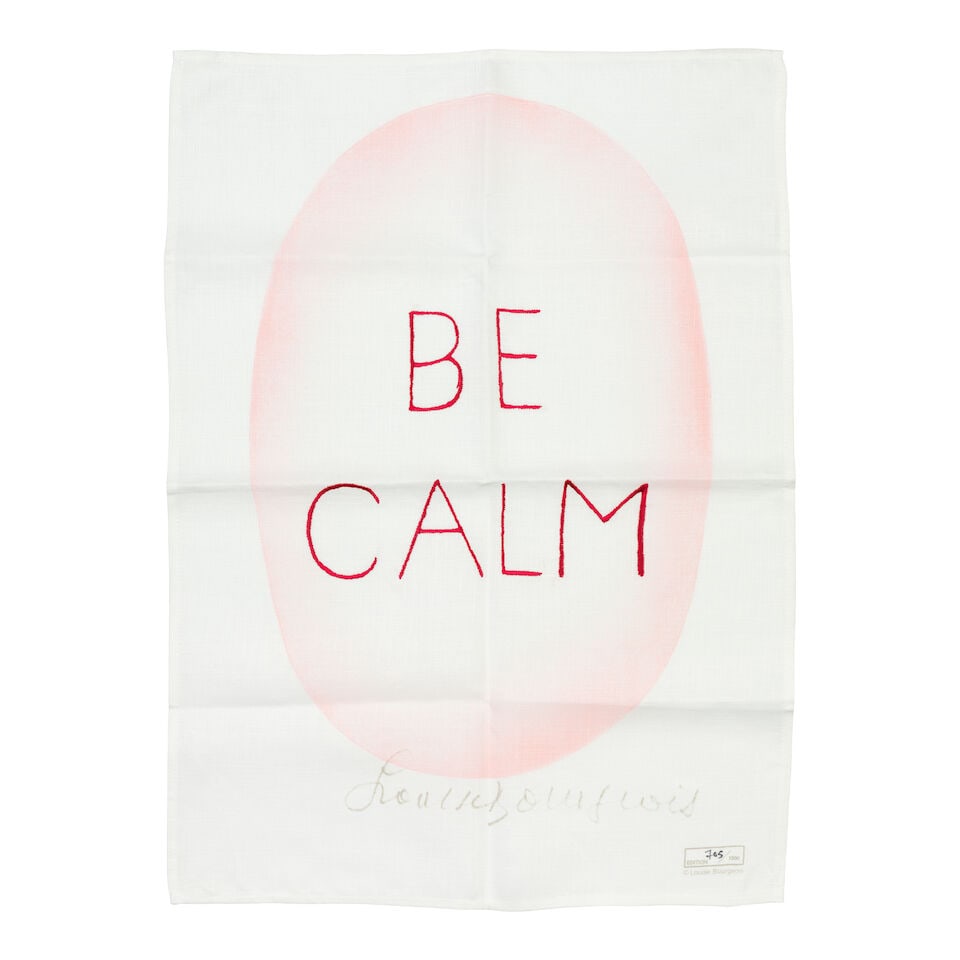 After Louise Bourgeois (French/American, 1911-2010) Be Calm Screenprint and machine embroidery o...: After Louise Bourgeois (French/American, 1911-2010) Be Calm Screenprint and machine embroidery on linen tea towel, 2005, numbered '705' in black ink, from the edition of 1,000, with the artist's