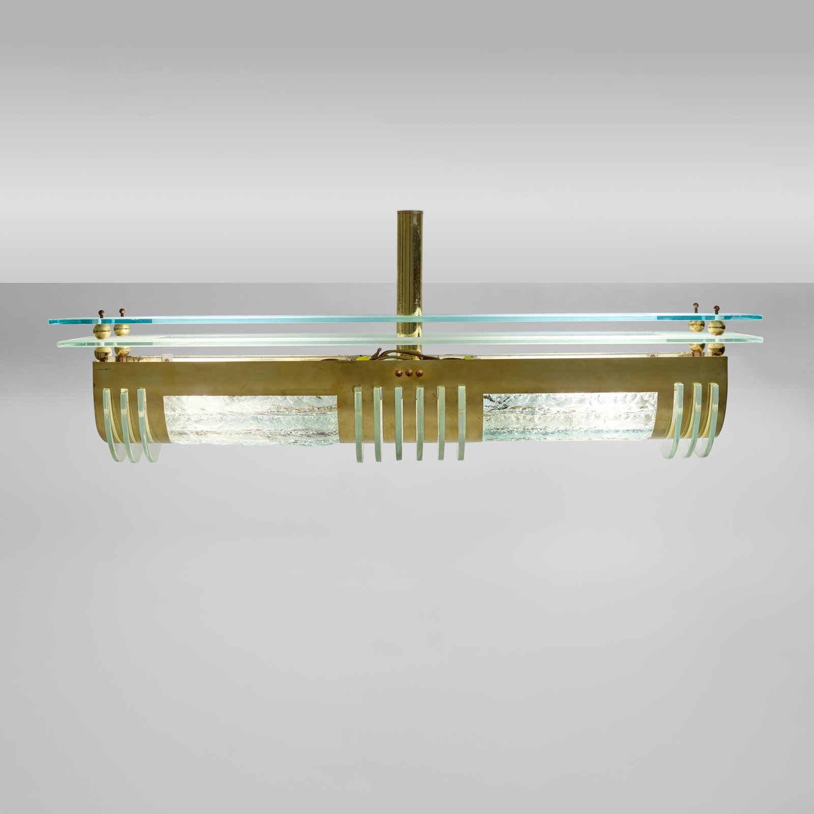 GENET & MICHON (ESTABLISHED 1911) Ceiling Lightcirca 1930brass with acid-etched finish, hand-chi...: GENET & MICHON (ESTABLISHED 1911) Ceiling Light circa 1930 brass with acid-etched finish, hand-chipped and polished glass drop height 13in (33cm); width 28in (71cm); depth 7 1/2in (19cm) Footnotes: Pr