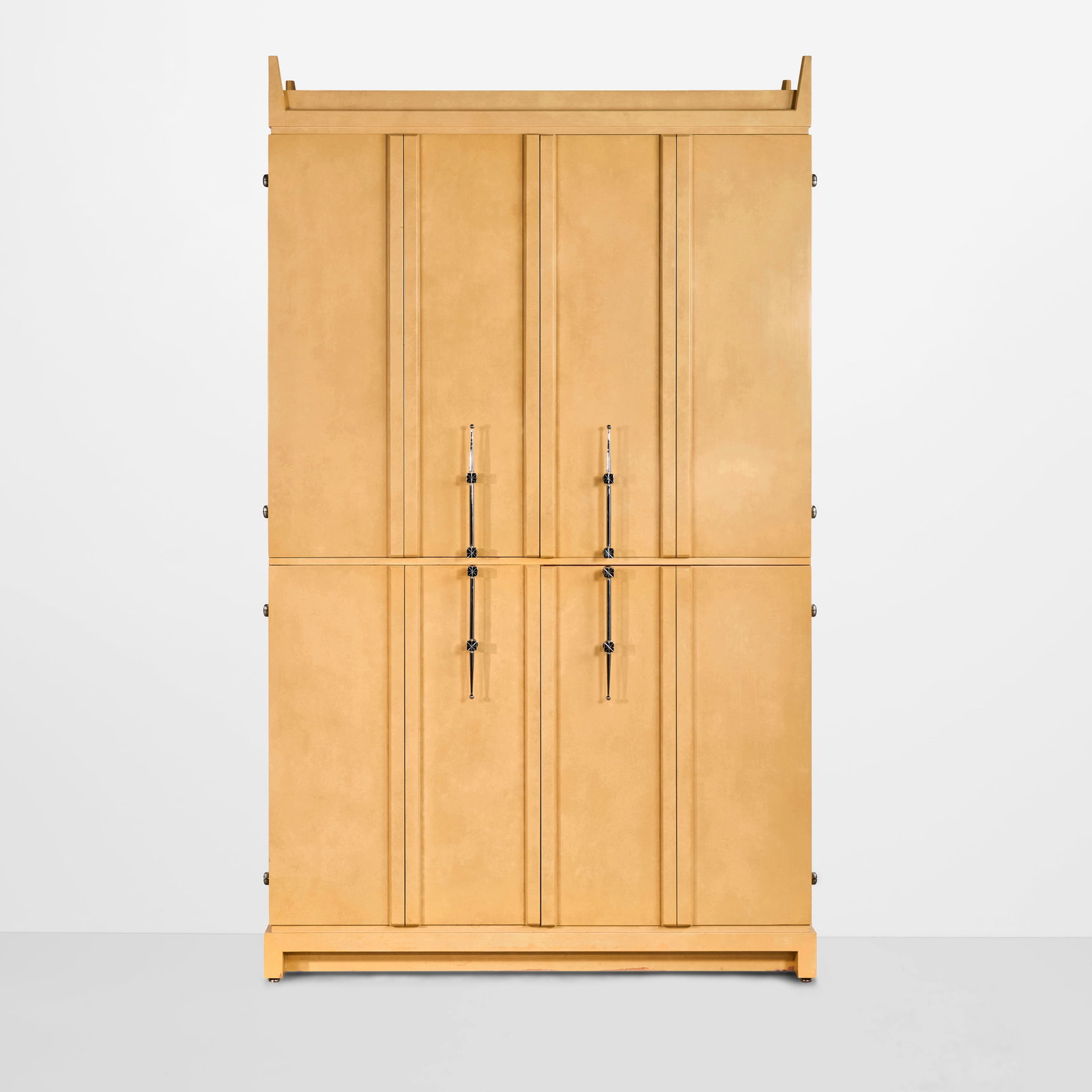 TOMMI PARZINGER (1930-1991) Illuminated Bar Cabinetcirca 1950for Parzinger Originals, parchment ...: TOMMI PARZINGER (1930-1991) Illuminated Bar Cabinet circa 1950 for Parzinger Originals, parchment lacquer, mirror glass, chrome-plated steel, 'Parzinger Originals' label height 92in (234cm); width 55 