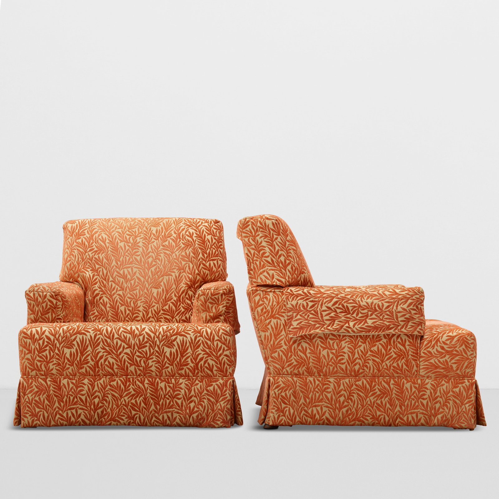 WILLIAM HAINES (1900-1973) Pair of Lounge Chairsupholstery, stained mahoganyheight 30 1/2in (77....: WILLIAM HAINES (1900-1973) Pair of Lounge Chairs upholstery, stained mahogany height 30 1/2in (77.5cm); width 30in (76.2cm); depth 32 1/2in (82.5cm) Footnotes: Provenance Billy Haines, Lorna Lane Resi