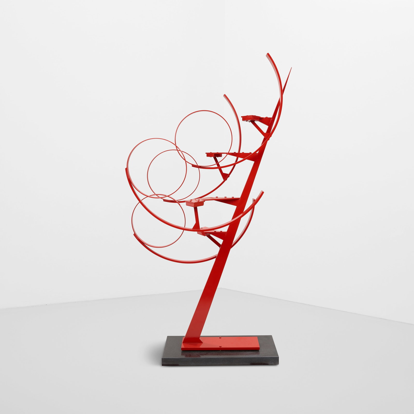 JEROME KIRK (1923-2019) Variable Composition in Four Movements1982aluminum and powder-coated ste...: JEROME KIRK (1923-2019) Variable Composition in Four Movements 1982 aluminum and powder-coated steel, on granite base, etched 'KIRK '82' height with base 85in (215.8cm); width 43in (109.3cm); depth 24