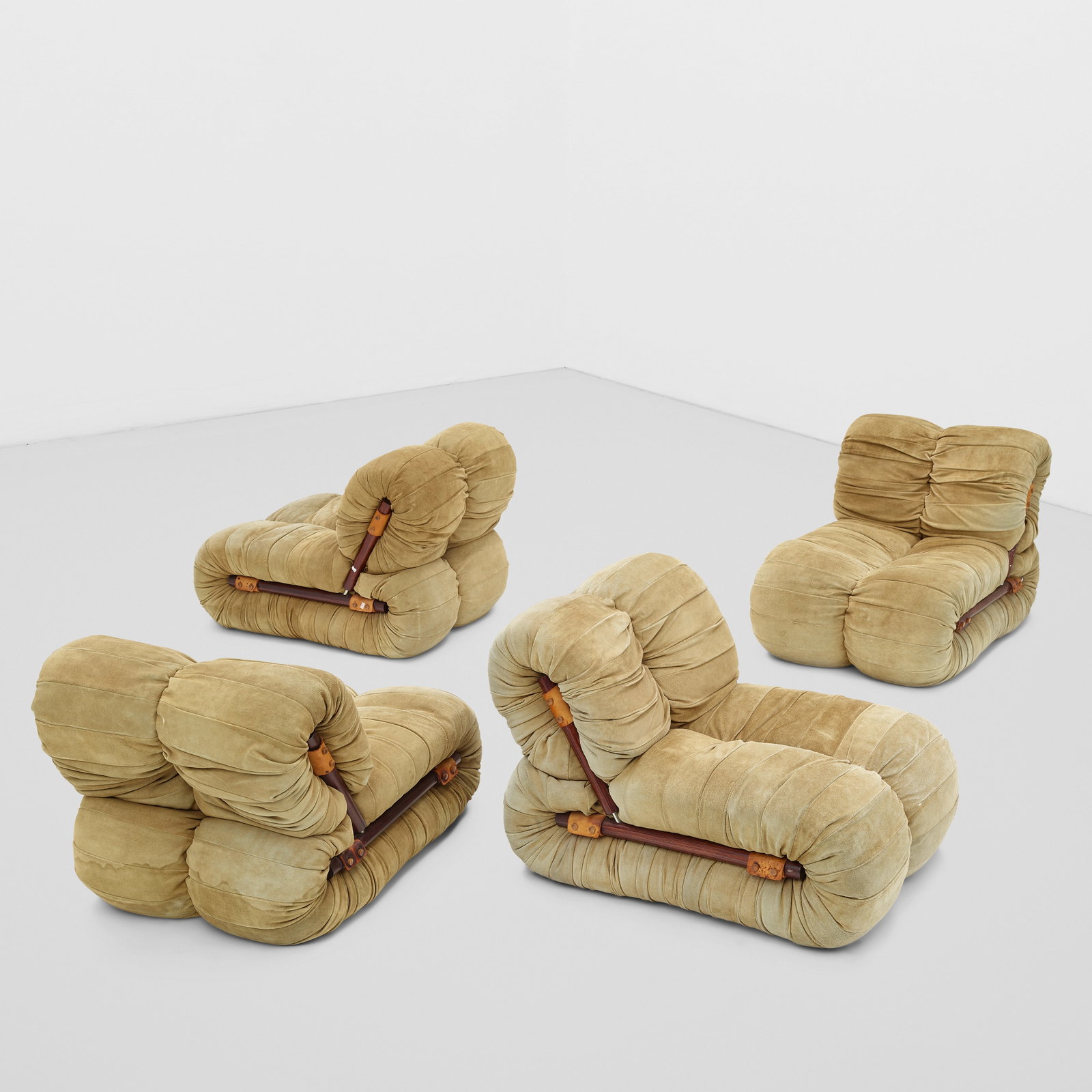PERCIVAL LAFER (BORN 1936) Group of Four 'MP-116' Modular Lounge Chairs1970sfor Brazil Industrie...: PERCIVAL LAFER (BORN 1936) Group of Four 'MP-116' Modular Lounge Chairs 1970s for Brazil Industries, suede, leather, rosewood, chromed metal height of each 28in (71.1cm); width 29in (73.7cm); depth 38