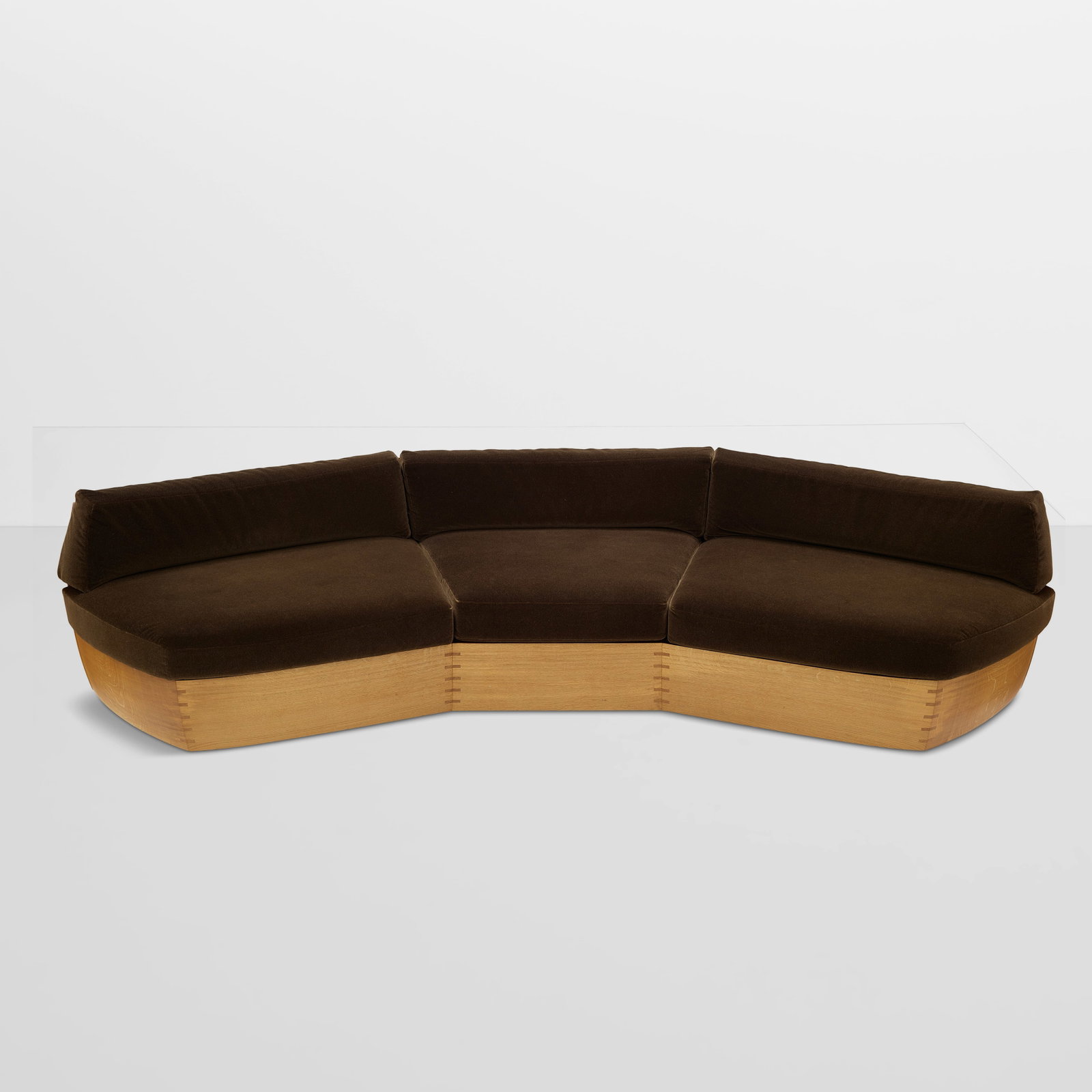 PIERRE YOVANOVITCH (BORN 1965) Custom Sofa2023sanded and oiled walnut, mohair upholsteryheight 2... (1 of 1)