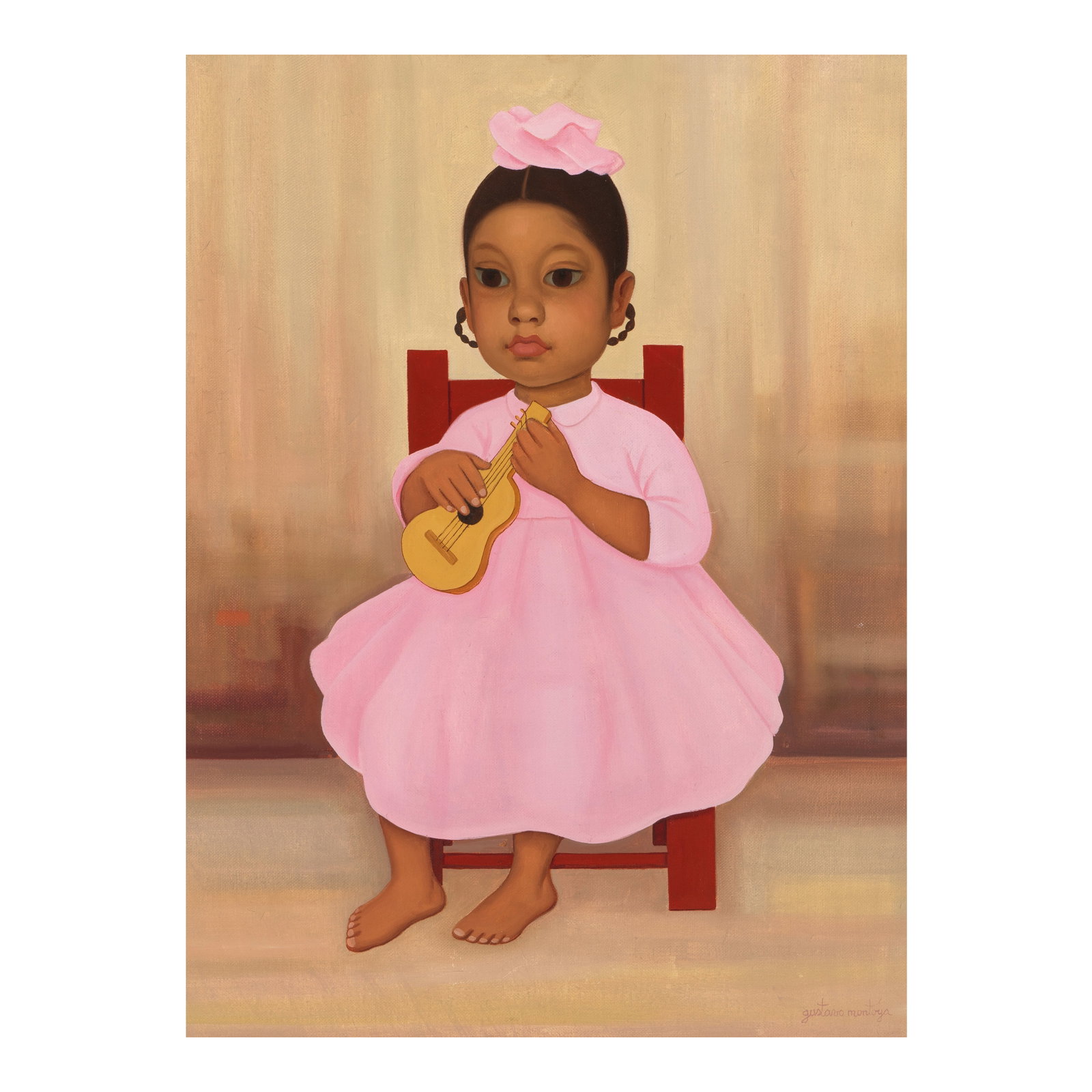 GUSTAVO MONTOYA (1905-2003) Niña de la Mandolina1968oil on canvas, signed 'gustavo montoya'...: GUSTAVO MONTOYA (1905-2003) Niña de la Mandolina 1968 oil on canvas, signed 'gustavo montoya' lower right, signed, titled, and dated on the reverse 24 x 18in (61 x 46cm) Footnotes: Provenance Gal