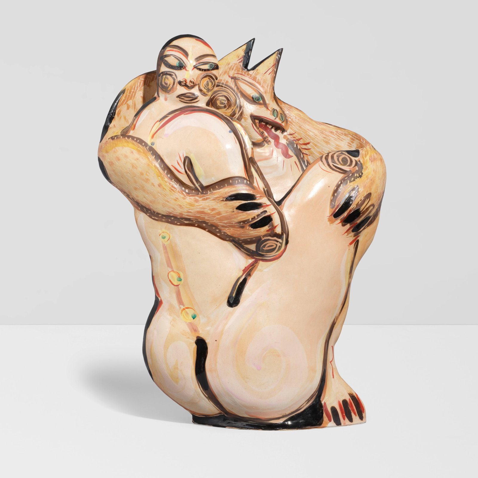 AKIO TAKAMORI (1950-2017) Untitled (Figure with Beast)circa 1990glazed and painted porcelain, si...: AKIO TAKAMORI (1950-2017) Untitled (Figure with Beast) circa 1990 glazed and painted porcelain, signed 'Akio' along lower edge height 24in (61cm); width 17 1/2in (44.4cm); depth 5 1/2in (14cm) Footnot