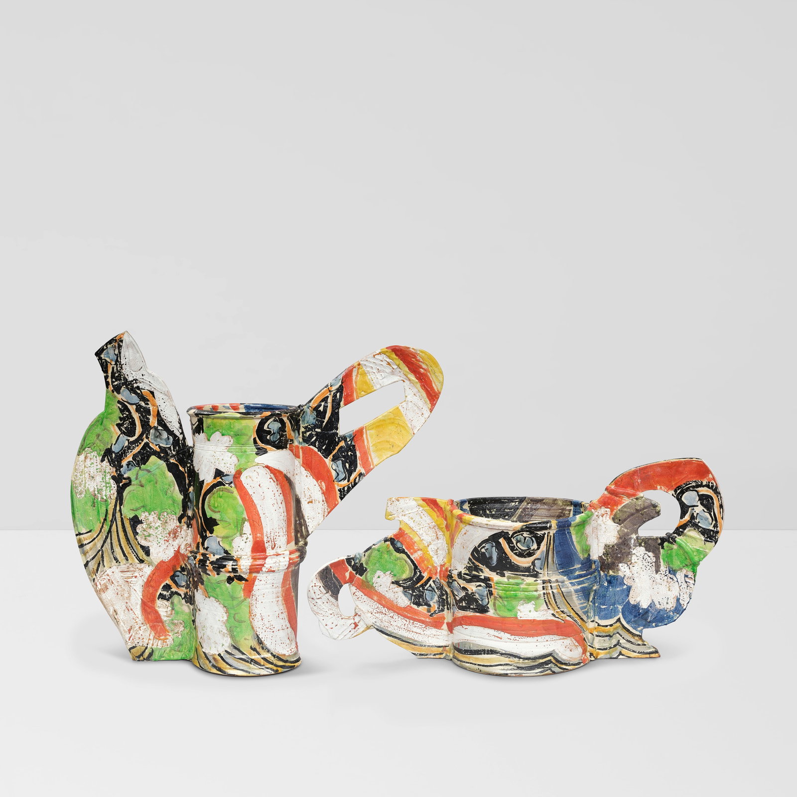 BETTY WOODMAN (1930-2018) His/Her Vases: Beauties in the Garden1998glazed earthenware, each sta...: BETTY WOODMAN (1930-2018) His/Her Vases: Beauties in the Garden 1998 glazed earthenware, each stamped 'WOODMAN' height of first 18in (45.7cm); width 35in (88.9cm); depth 11 1/4in (28.6cm); height of s