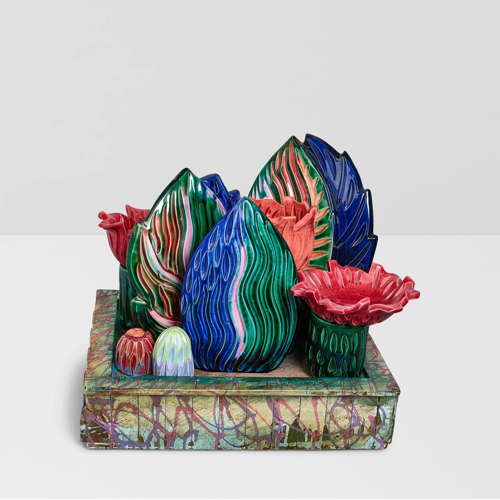EDDIE DOMINGUEZ (BORN 1957) Cactus Gardenglazed earthenware, with painted wood, metal, and velve... (1 of 1)