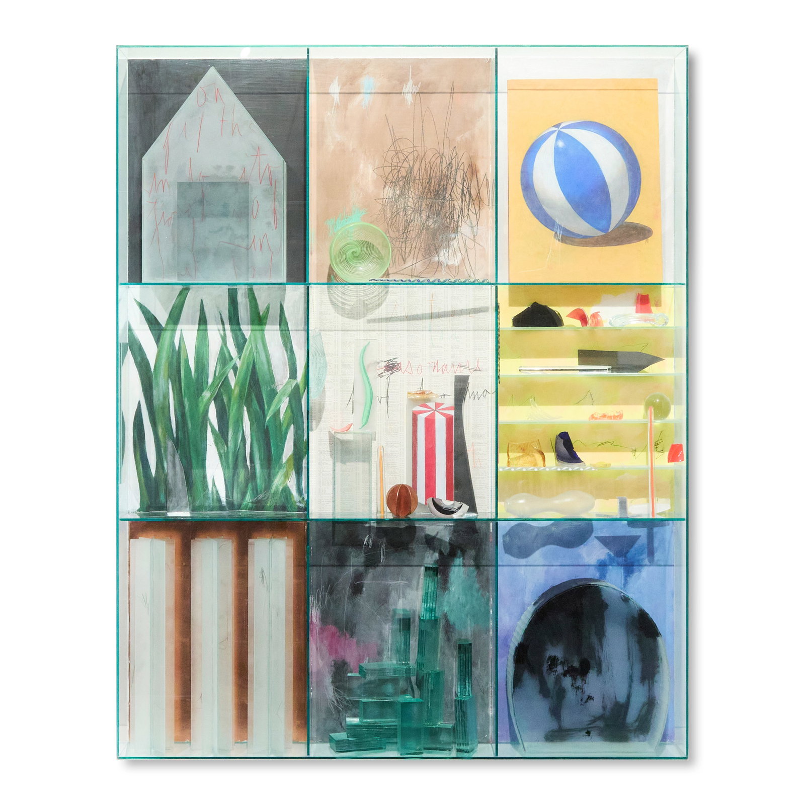 THERMAN STATOM (BORN 1953) Untitled (Wall-Mounted Grid)painted glass, steel, and found objectshe...: THERMAN STATOM (BORN 1953) Untitled (Wall-Mounted Grid) painted glass, steel, and found objects height 60 1/4in (153cm); width 48 1/8in (122.2cm); depth 5 3/4in (14.5cm) This lot is subject to the fol