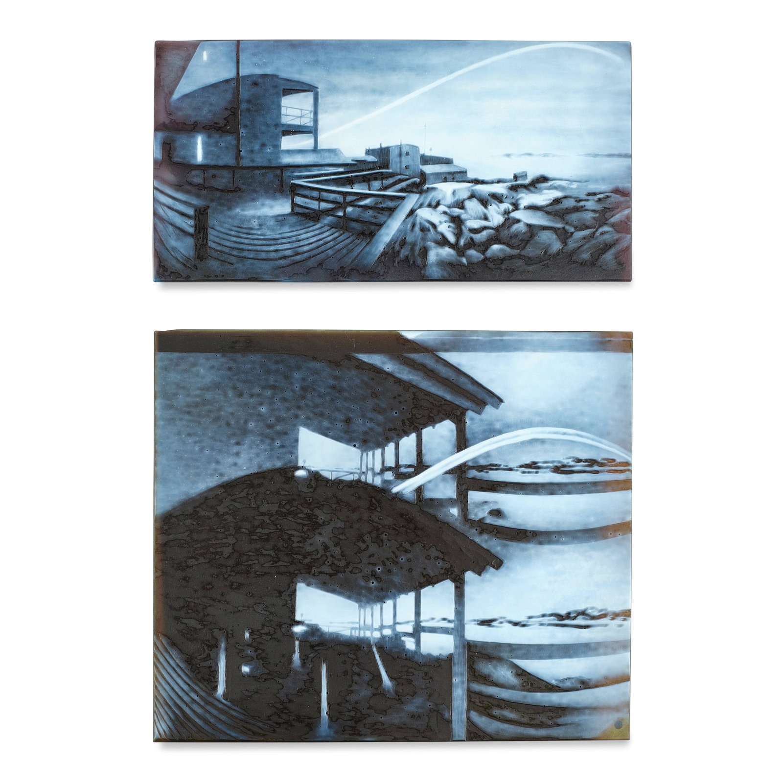 APRIL SURGENT (BORN 1982) Home is Where the Heart Is (Diptych)2014cameo engraved glass, etched '...: APRIL SURGENT (BORN 1982) Home is Where the Heart Is (Diptych) 2014 cameo engraved glass, etched 'April Surgent 2014 1/2' and 'April Surgent 2014 2/2' respectively height of larger panel 11 3/4 (30cm)