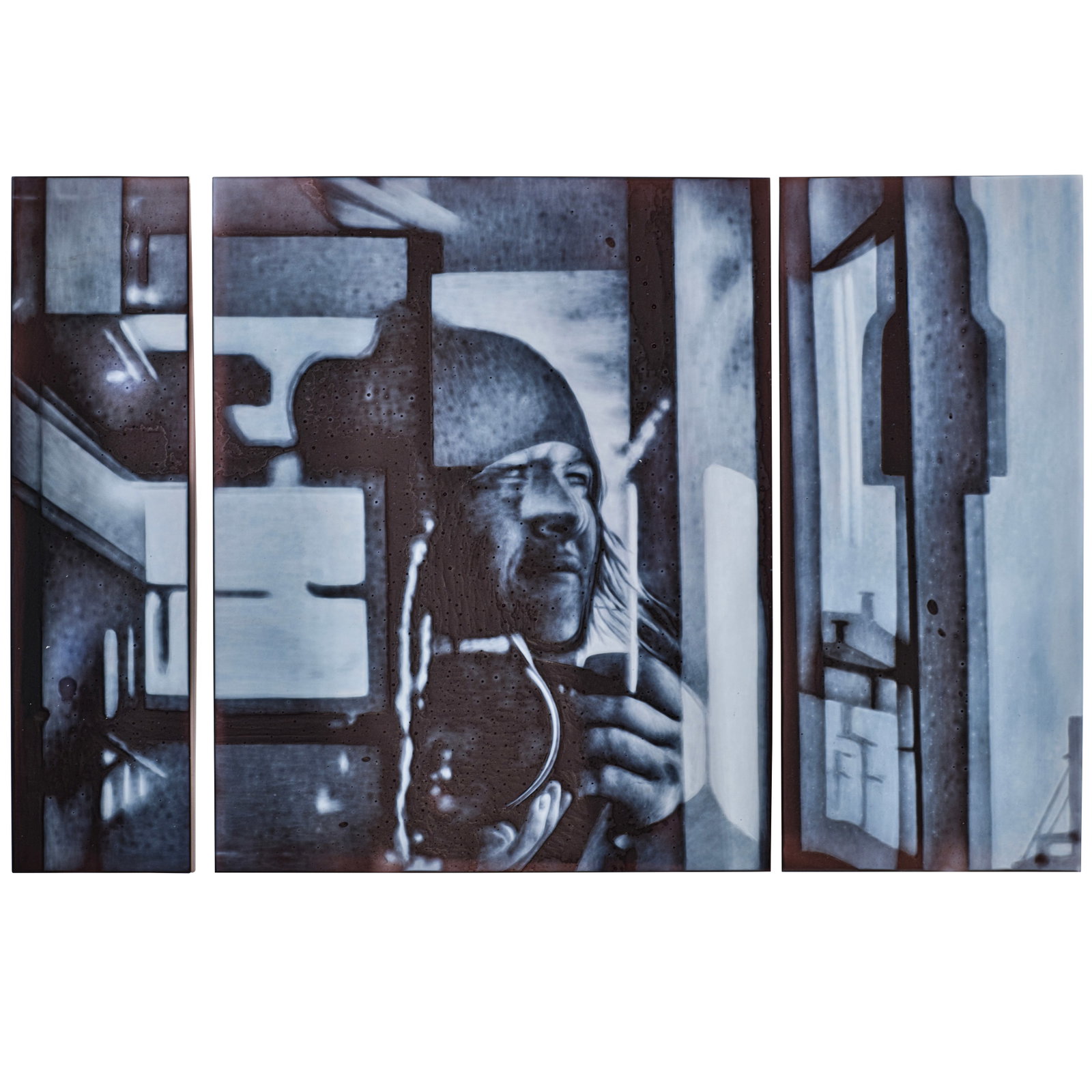 APRIL SURGENT (BORN 1982) Self Portrait at High Latitude (triptych)2014 cameo engraved glass, et...: APRIL SURGENT (BORN 1982) Self Portrait at High Latitude (triptych) 2014 cameo engraved glass, etched 'April Surgent 2014 1/3', 'April Surgent 2014 2/3', and 'April Surgent 2014 3/3' respectively heig