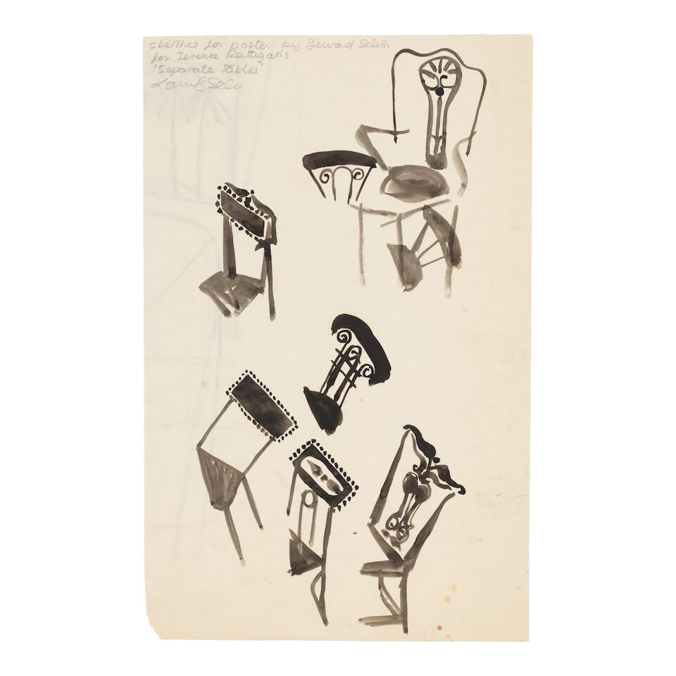 Jewad Selim (Iraq, 1919-1961) Drawing for 'Separate Tables': Jewad Selim (Iraq, 1919-1961) Drawing for 'Separate Tables' ink on paper inscribed with an explanatory note by Lorna Selim (upper left), executed in 1957 38 x 24cm (14 15/16 x 9 7/16in). Footnotes: Pr