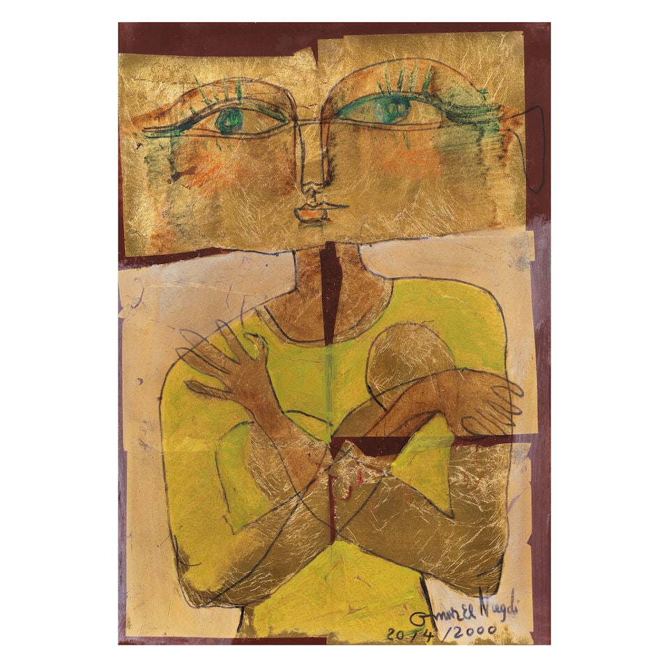 Omar El-Nagdi (Egypt, 1931-2019) Untitled: Omar El-Nagdi (Egypt, 1931-2019) Untitled mixed media and gold leaf on paper, framed signed 'Omar El Nagdi' and dated '20/4/2000' (lower right), executed in 2000 48.5 x 34.5cm (19 1/8 x 13